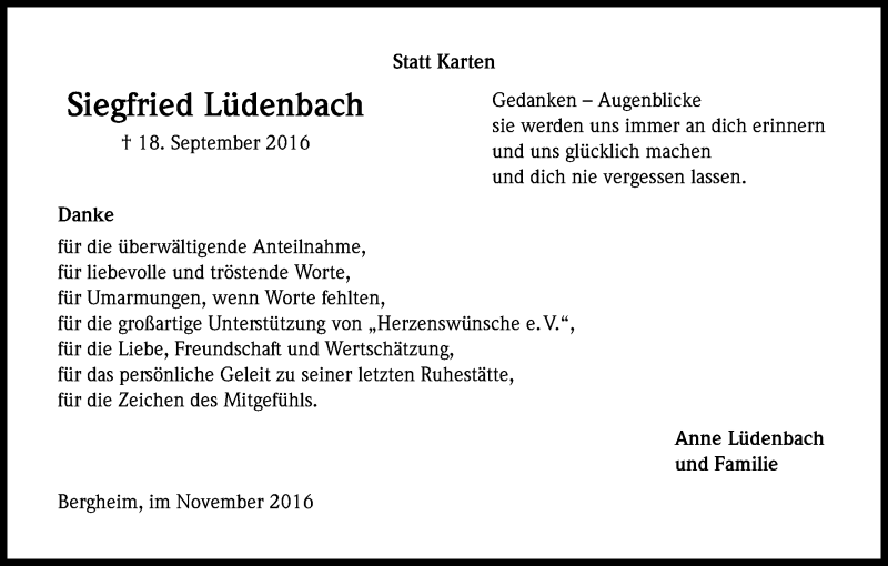  Traueranzeige für Siegfried Lüdenbach vom 19.11.2016 aus Kölner Stadt-Anzeiger / Kölnische Rundschau / Express