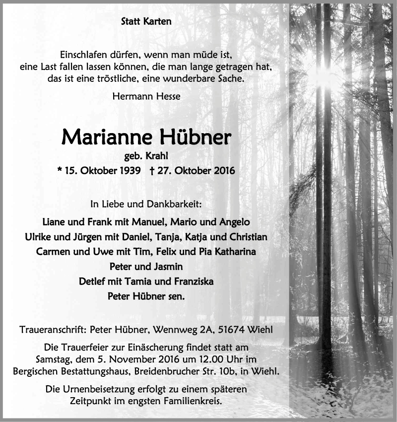 Traueranzeige für Marianne Hübner vom 03.11.2016 aus Kölner Stadt-Anzeiger / Kölnische Rundschau / Express
