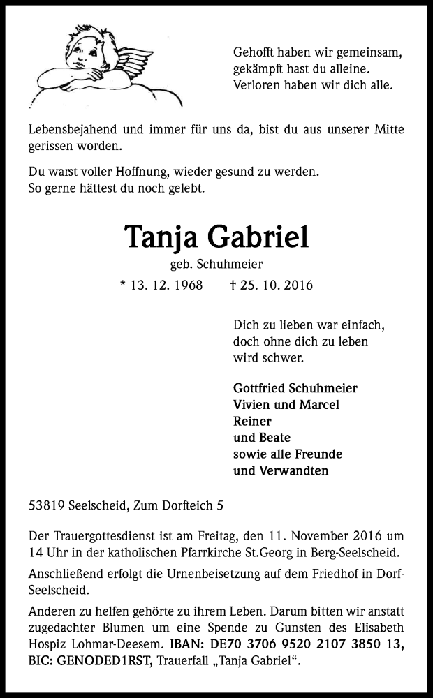  Traueranzeige für Tanja Gabriel vom 05.11.2016 aus Kölner Stadt-Anzeiger / Kölnische Rundschau / Express
