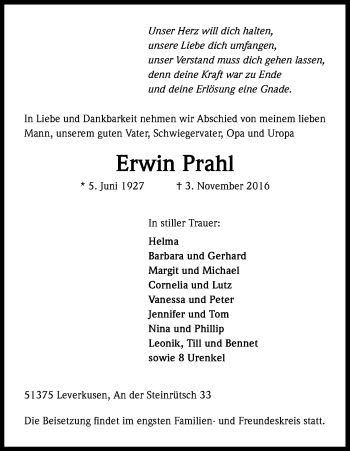 Anzeige von Erwin Prahl von Kölner Stadt-Anzeiger / Kölnische Rundschau / Express