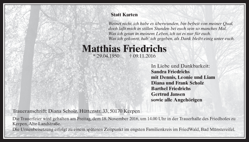  Traueranzeige für Matthias Friedrichs vom 16.11.2016 aus  Werbepost 