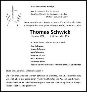 Anzeige von Thomas Schwick von Kölner Stadt-Anzeiger / Kölnische Rundschau / Express