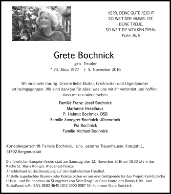 Anzeige von Grete Bochnick von Kölner Stadt-Anzeiger / Kölnische Rundschau / Express