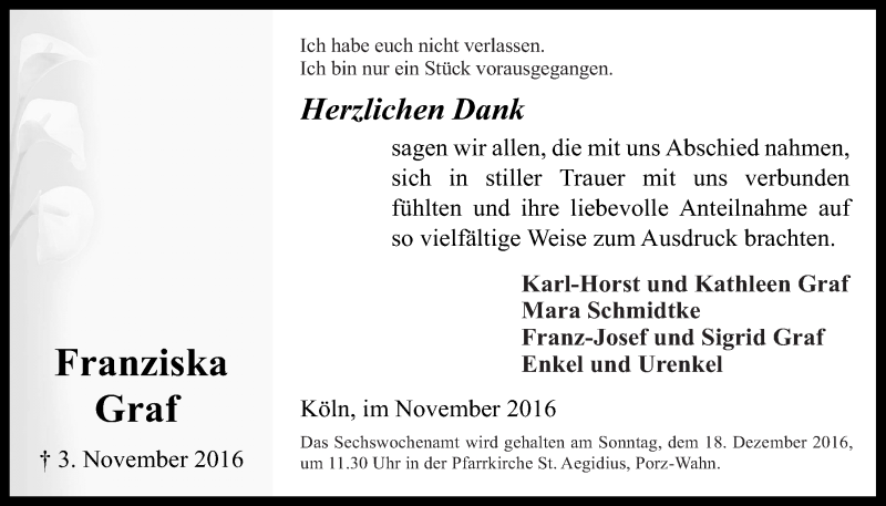  Traueranzeige für Franziska Graf vom 23.11.2016 aus  Kölner Wochenspiegel 