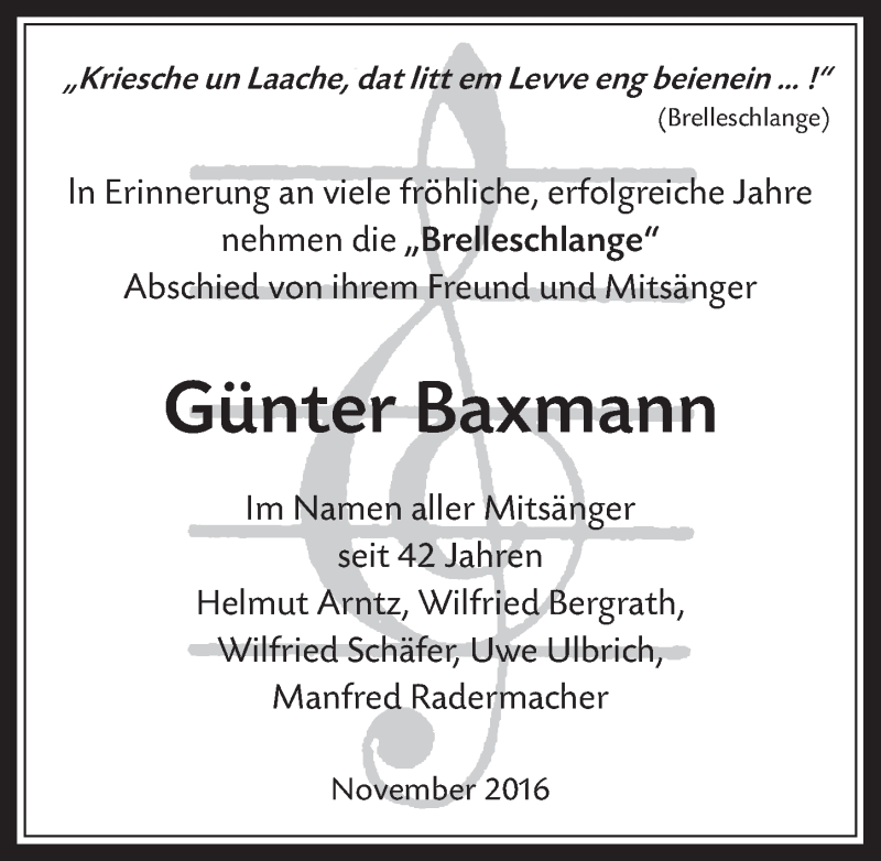  Traueranzeige für Günter Baxmann vom 12.11.2016 aus  Sonntags-Post 