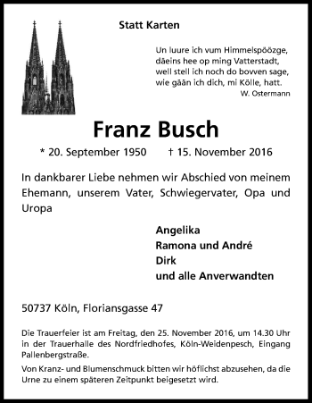 Anzeige von Franz Busch von Kölner Stadt-Anzeiger / Kölnische Rundschau / Express