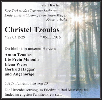 Anzeige von Christel Tzoulas von  Sonntags-Post 