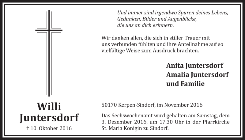 Traueranzeige für Willi Juntersdorf vom 26.11.2016 aus  Sonntags-Post 