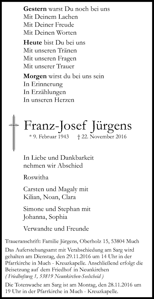  Traueranzeige für Franz-Josef Jürgens vom 26.11.2016 aus Kölner Stadt-Anzeiger / Kölnische Rundschau / Express