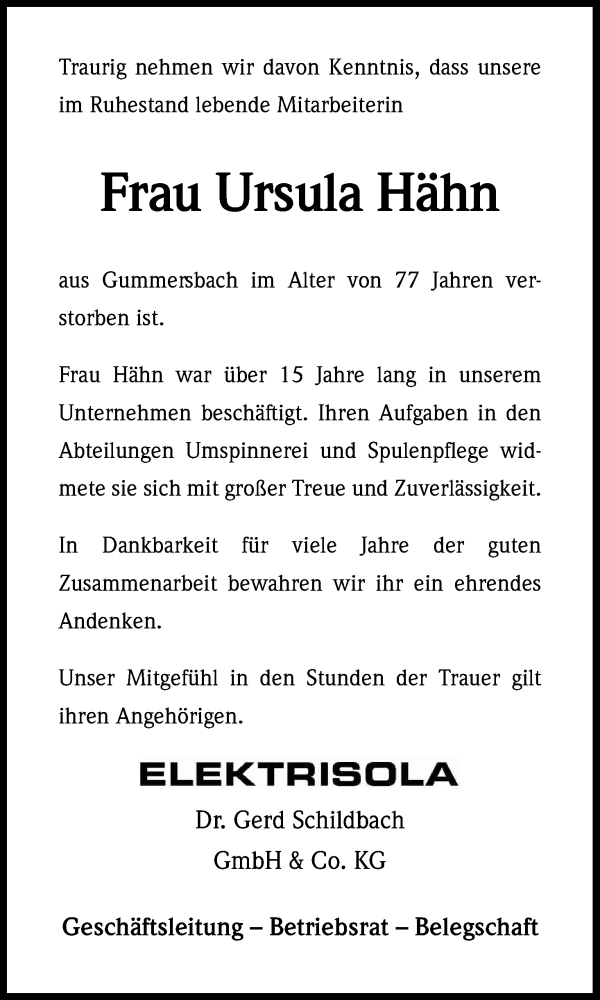  Traueranzeige für Ursula Hähn vom 01.12.2016 aus Kölner Stadt-Anzeiger / Kölnische Rundschau / Express