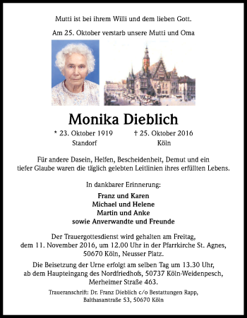 Anzeige von Monika Dieblich von Kölner Stadt-Anzeiger / Kölnische Rundschau / Express