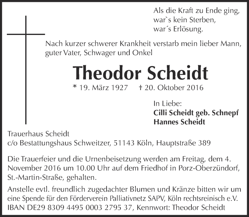  Traueranzeige für Theodor Scheidt vom 02.11.2016 aus  Kölner Wochenspiegel 