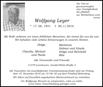 Anzeige von Wolfgang Leyer von Kölner Stadt-Anzeiger / Kölnische Rundschau / Express