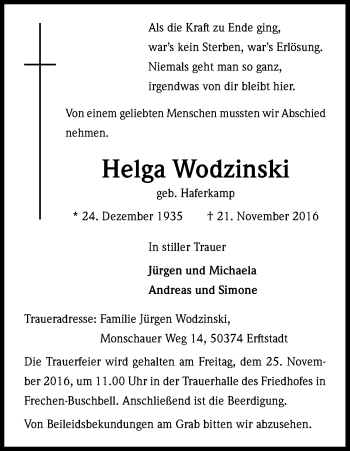 Anzeige von Helga Wodzinski von Kölner Stadt-Anzeiger / Kölnische Rundschau / Express
