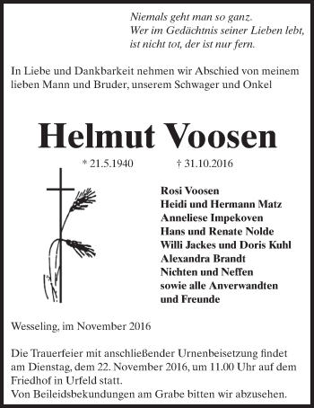 Anzeige von Helmut Voosen von  Schlossbote/Werbekurier 