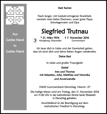 Anzeige von Siegfried Trutnau von Kölner Stadt-Anzeiger / Kölnische Rundschau / Express