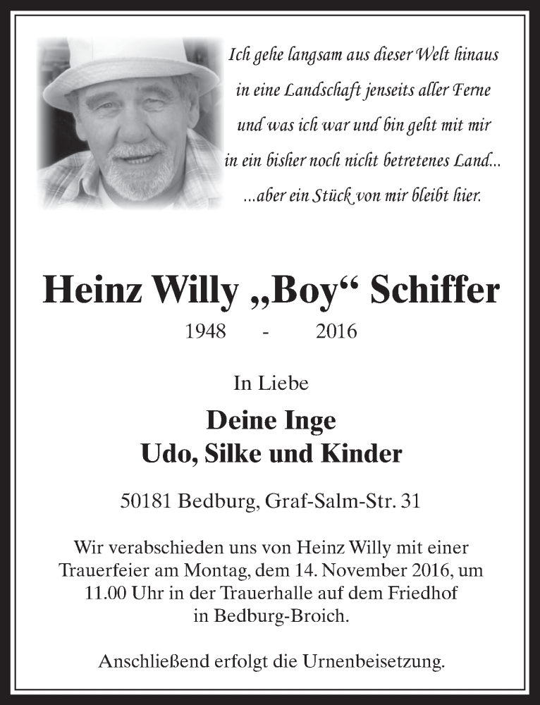  Traueranzeige für Heinz Willy Schiffer vom 09.11.2016 aus  Werbepost 