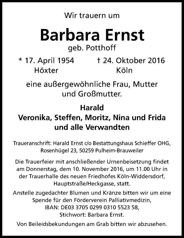  Traueranzeige für Barbara Ernst vom 05.11.2016 aus Kölner Stadt-Anzeiger / Kölnische Rundschau / Express