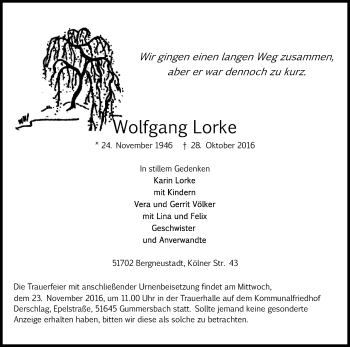 Anzeige von Wolfgang Lorke von Kölner Stadt-Anzeiger / Kölnische Rundschau / Express
