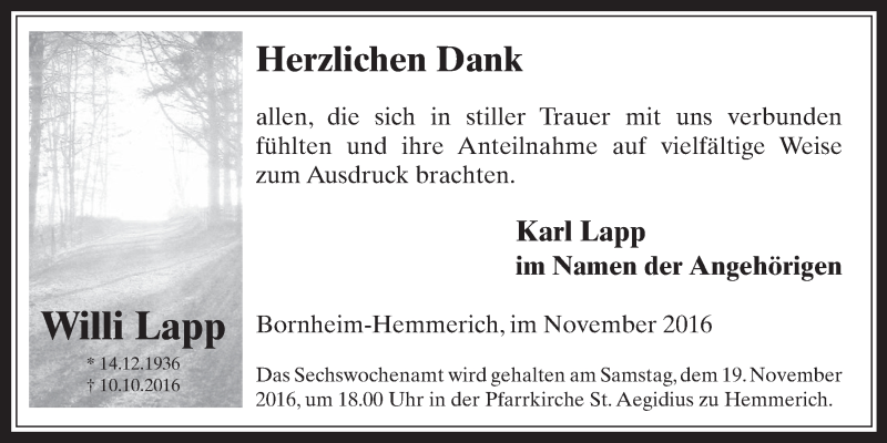  Traueranzeige für Willi Lapp vom 16.11.2016 aus  Schaufenster/Blickpunkt 