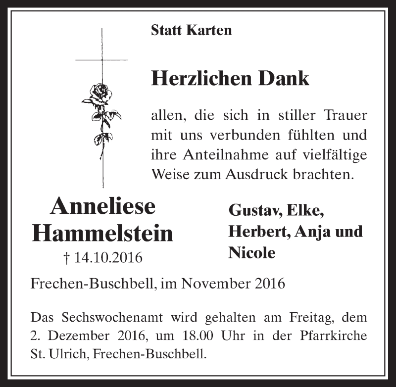  Traueranzeige für Anneliese Hammelstein vom 30.11.2016 aus  Wochenende 