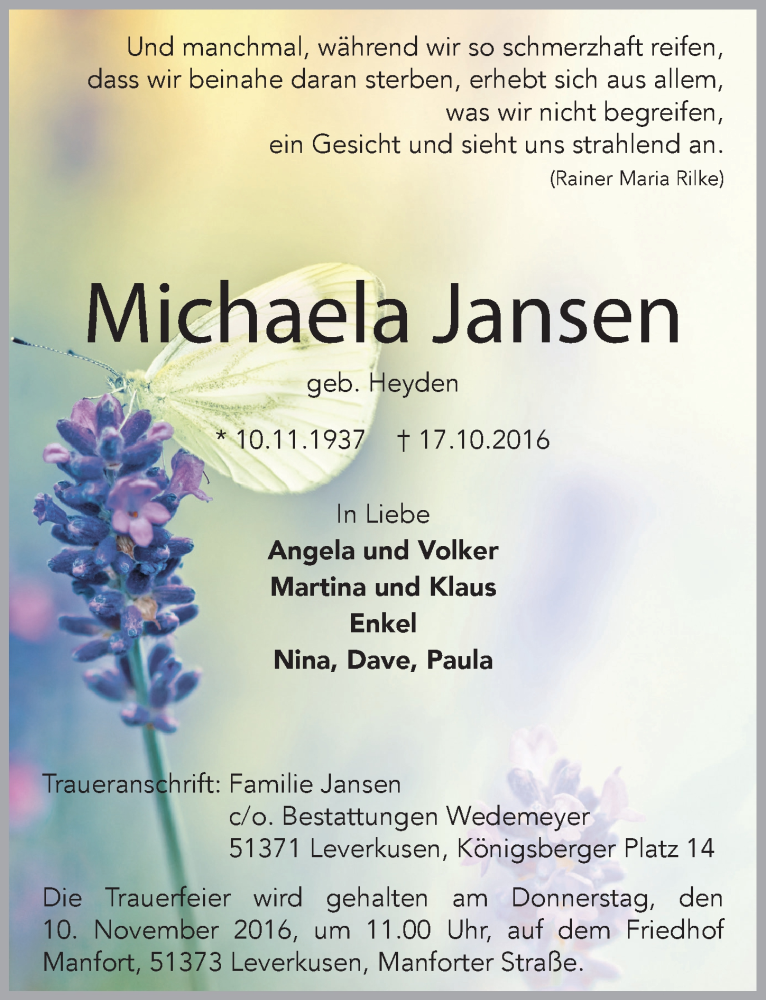  Traueranzeige für Michaela Jansen vom 02.11.2016 aus  Lokale Informationen 