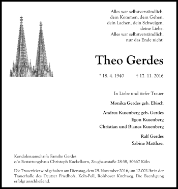 Anzeige von Theo Gerdes von Kölner Stadt-Anzeiger / Kölnische Rundschau / Express