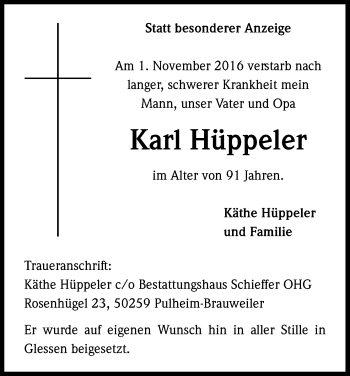 Anzeige von Karl Hüppeler von Kölner Stadt-Anzeiger / Kölnische Rundschau / Express