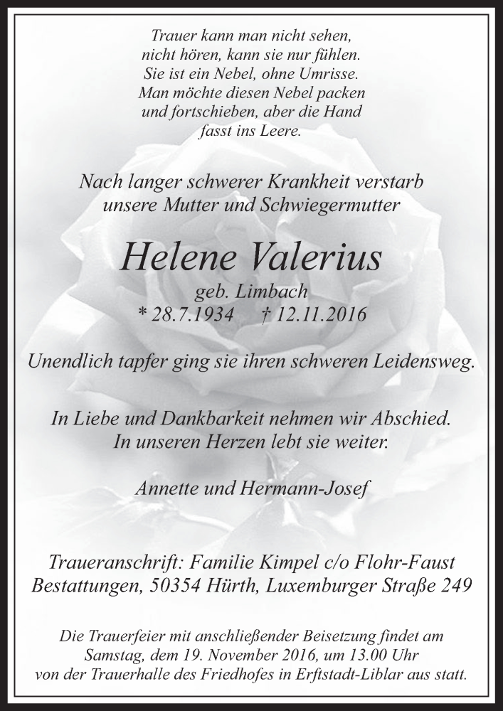  Traueranzeige für Helene Valerius vom 16.11.2016 aus  Werbepost 