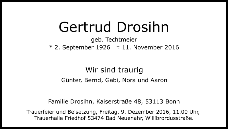  Traueranzeige für Gertrud Drosihn vom 26.11.2016 aus Kölner Stadt-Anzeiger / Kölnische Rundschau / Express