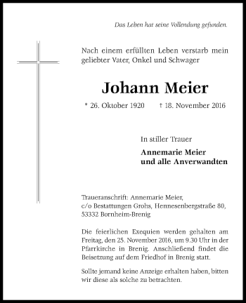Anzeige von Johann Meier von Kölner Stadt-Anzeiger / Kölnische Rundschau / Express