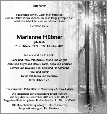 Anzeige von Marianne Hübner von Kölner Stadt-Anzeiger / Kölnische Rundschau / Express