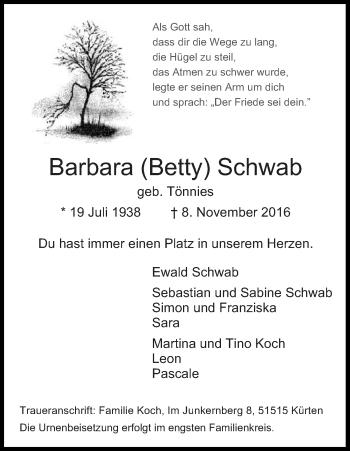 Anzeige von Barbara Schwab von Kölner Stadt-Anzeiger / Kölnische Rundschau / Express