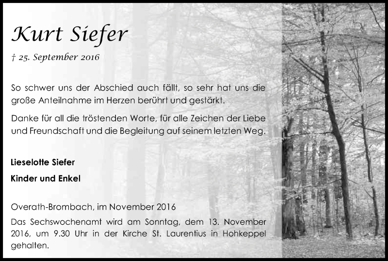  Traueranzeige für Kurt Siefer vom 09.11.2016 aus Kölner Stadt-Anzeiger / Kölnische Rundschau / Express