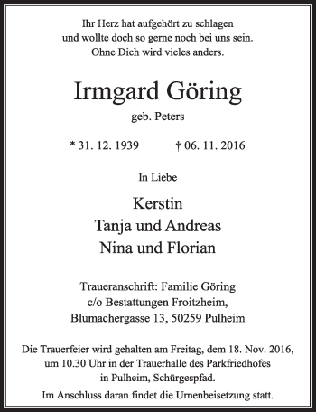 Anzeige von Irmgard Göring von  Sonntags-Post 
