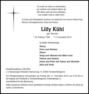 Anzeige von Lilly Kühl von Kölner Stadt-Anzeiger / Kölnische Rundschau / Express