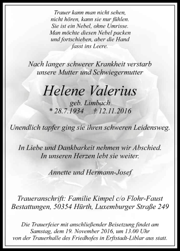 Anzeige von Helene Valerius von Kölner Stadt-Anzeiger / Kölnische Rundschau / Express