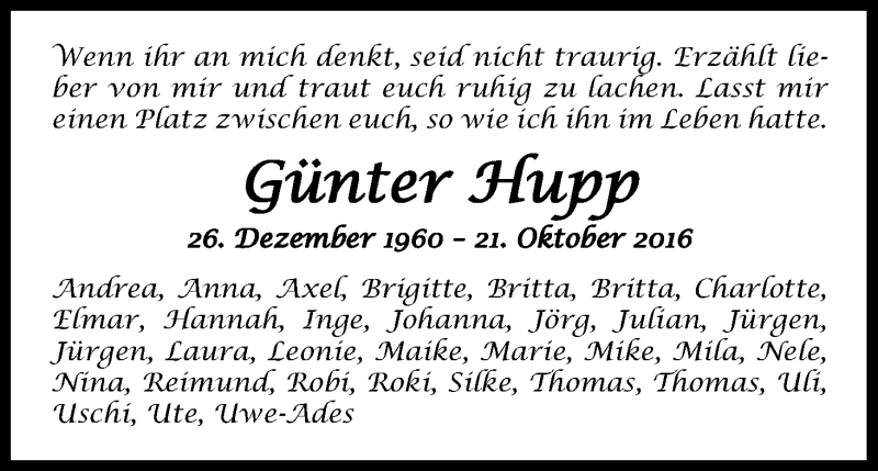  Traueranzeige für Günter Hupp vom 05.11.2016 aus Kölner Stadt-Anzeiger / Kölnische Rundschau / Express