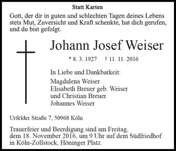 Anzeige von Johann Josef Weiser von Kölner Stadt-Anzeiger / Kölnische Rundschau / Express