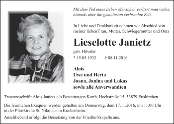 Anzeige von Lieselotte Janietz von  Blickpunkt Euskirchen 