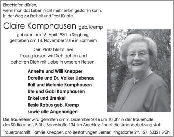 Anzeige von Claire Kamphausen von  Schlossbote/Werbekurier 