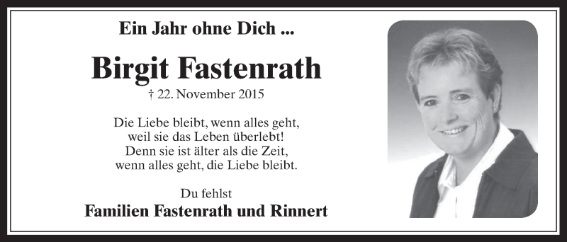  Traueranzeige für Birgit Fastenrath vom 16.11.2016 aus  Werbepost 
