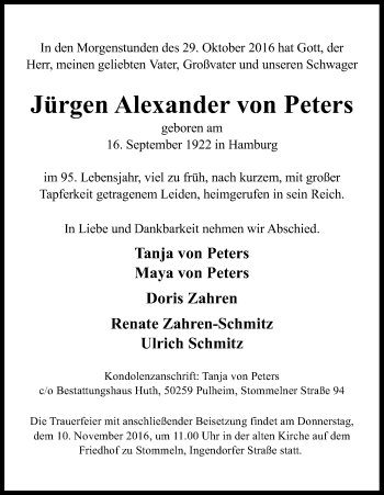 Anzeige von Jürgen Alexander von Peters von Kölner Stadt-Anzeiger / Kölnische Rundschau / Express