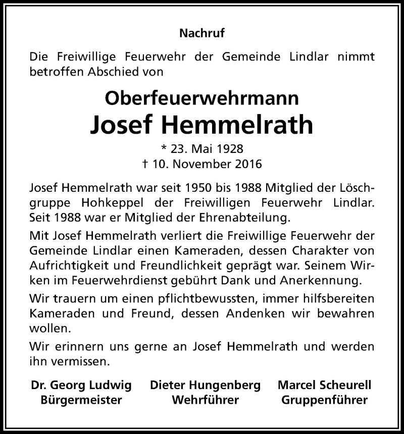  Traueranzeige für Josef Hemmelrath vom 24.11.2016 aus Kölner Stadt-Anzeiger / Kölnische Rundschau / Express