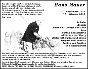 Anzeige von Hans Mauer von  Kölner Wochenspiegel 