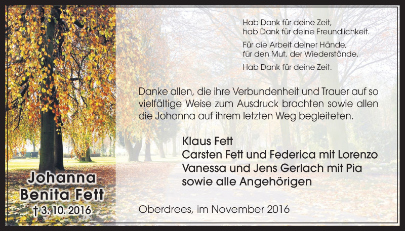  Traueranzeige für Johanna Benita Fett vom 02.11.2016 aus  Schaufenster/Blickpunkt 