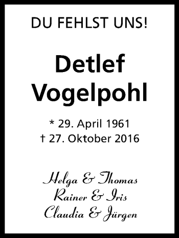 Anzeige von Detlef Vogelpohl von Kölner Stadt-Anzeiger / Kölnische Rundschau / Express