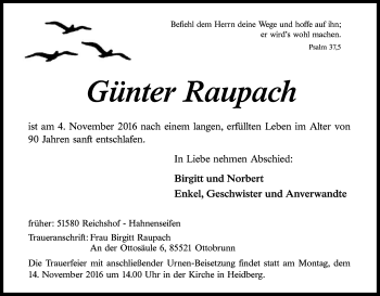 Anzeige von Günter Raupach von Kölner Stadt-Anzeiger / Kölnische Rundschau / Express