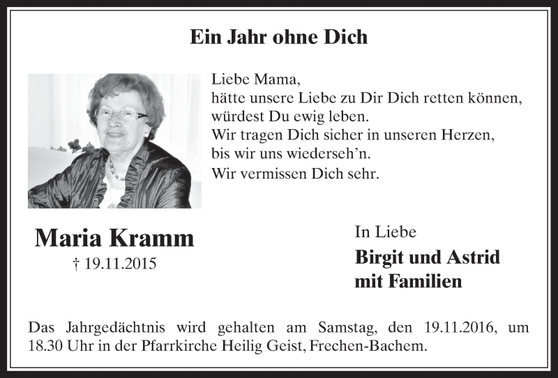  Traueranzeige für Maria Kramm vom 16.11.2016 aus  Wochenende 