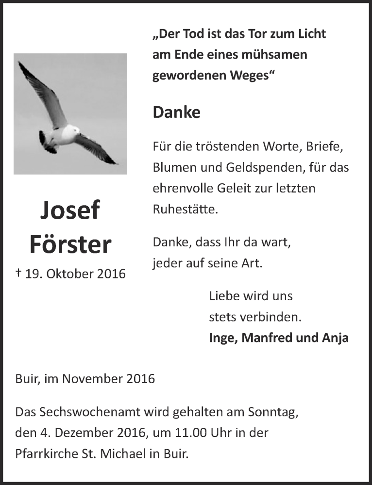  Traueranzeige für Josef Förster vom 12.11.2016 aus  Sonntags-Post 